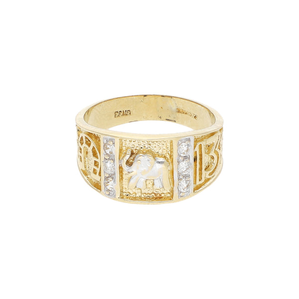 Anillo diseño especial motivo figuras diferentes con sintéticos en oro amarillo 14 kilates.