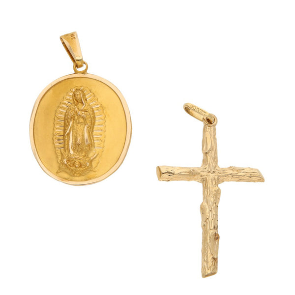 Cruz y medalla labrada motivo Virgen de Guadalupe en oro amarillo 14 kilates.