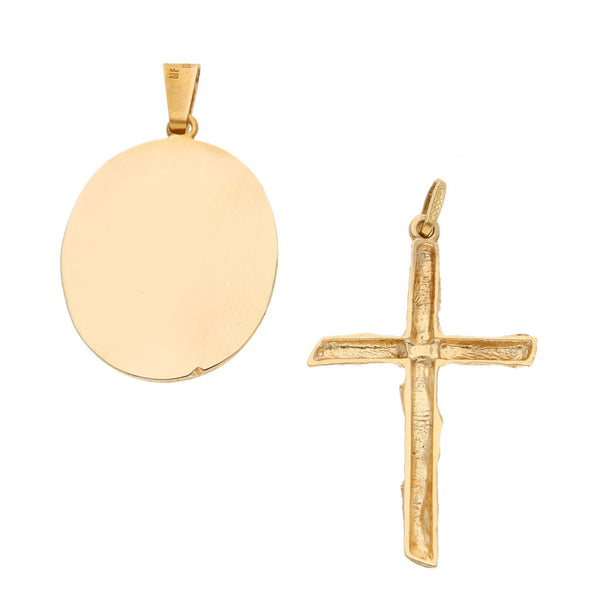 Cruz y medalla labrada motivo Virgen de Guadalupe en oro amarillo 14 kilates.