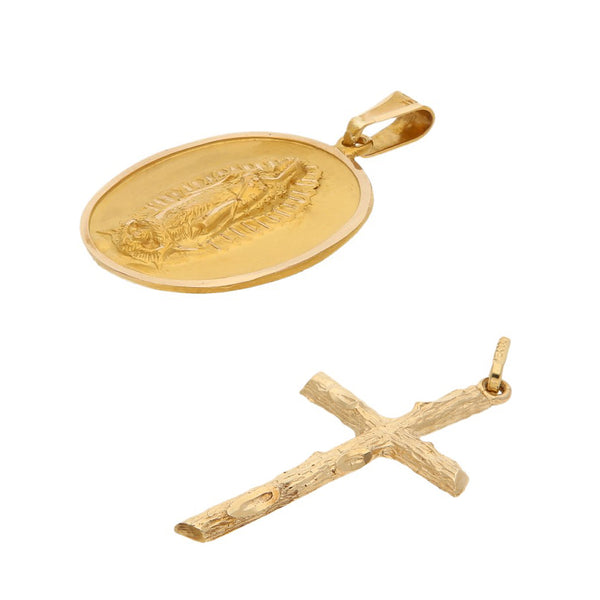 Cruz y medalla labrada motivo Virgen de Guadalupe en oro amarillo 14 kilates.