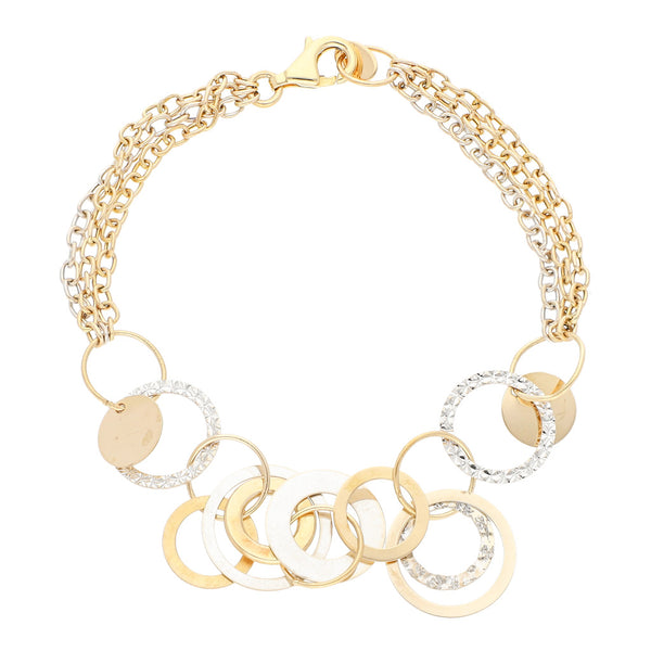 Pulsera de tres hilos eslabón cruzado con aplicaciones motivo aros en oro dos tonos 14 kilates.