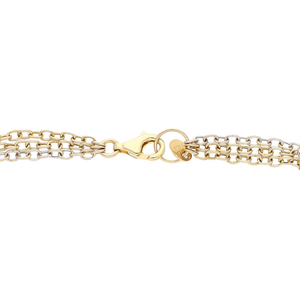 Pulsera de tres hilos eslabón cruzado con aplicaciones motivo aros en oro dos tonos 14 kilates.