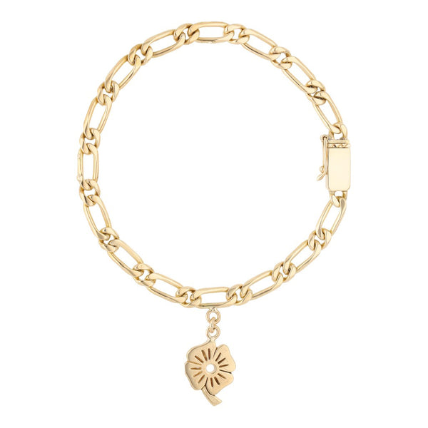 Pulsera eslabón combinado con colgante motivo trébol en oro amarillo 14 kilates.