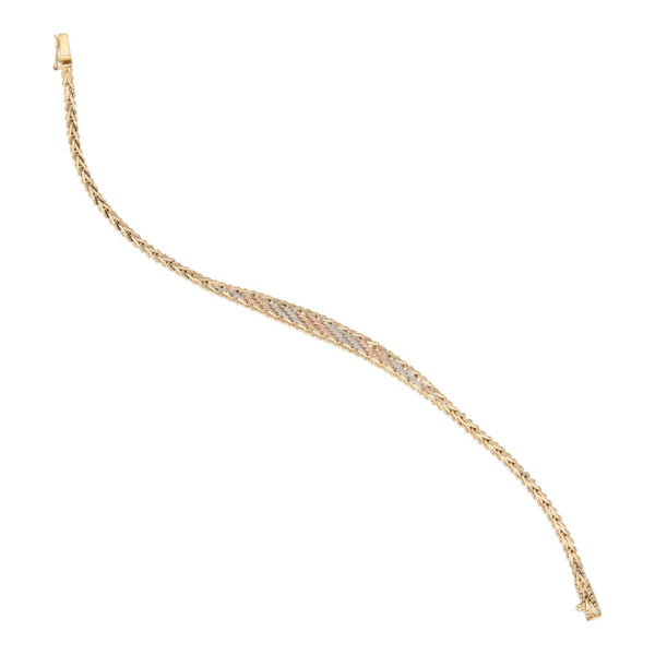 Pulsera eslabón boleado en oro tres tonos 14 kilates.