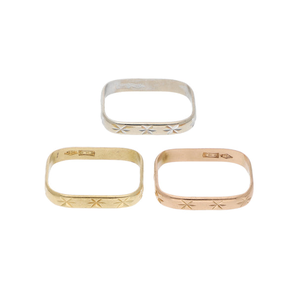 Argollas facetadas en oro tres tonos 18 kilates.