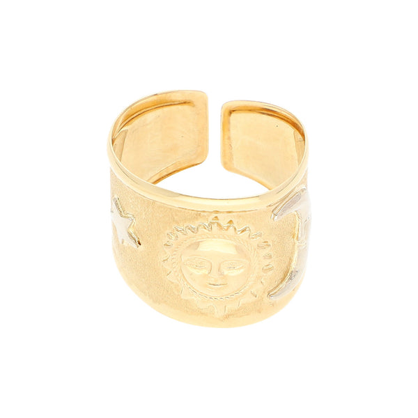 Anillo ajustable motivo cuerpos celestes en oro dos tonos 14 kilates.