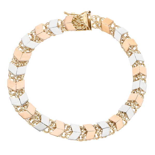Pulsera eslabón tejido con aplicaciones en oro tres tonos 14 kilates.