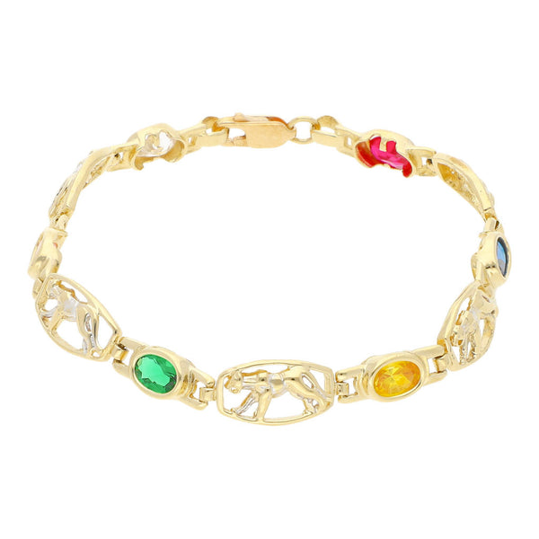 Pulsera eslabón articulado motivo felinos y sintéticos en oro amarillo 14 kilates.