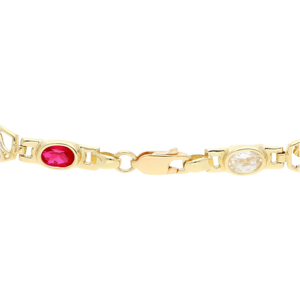 Pulsera eslabón articulado motivo felinos y sintéticos en oro amarillo 14 kilates.