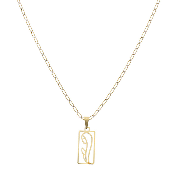 Collar eslabón encontrado platinado y medalla calada motivo madonna en oro amarillo 14 kilates.