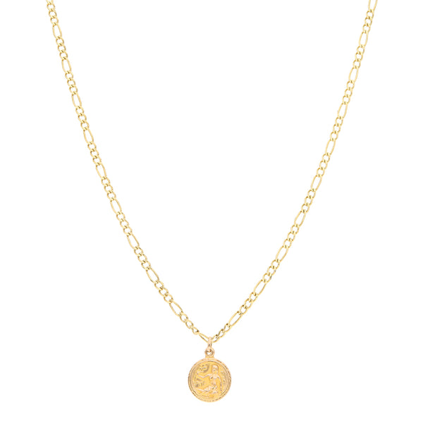 Medalla rellena motivo signo zodiacal y collar de tres eslabones por uno en oro amarillo 14 kilates.