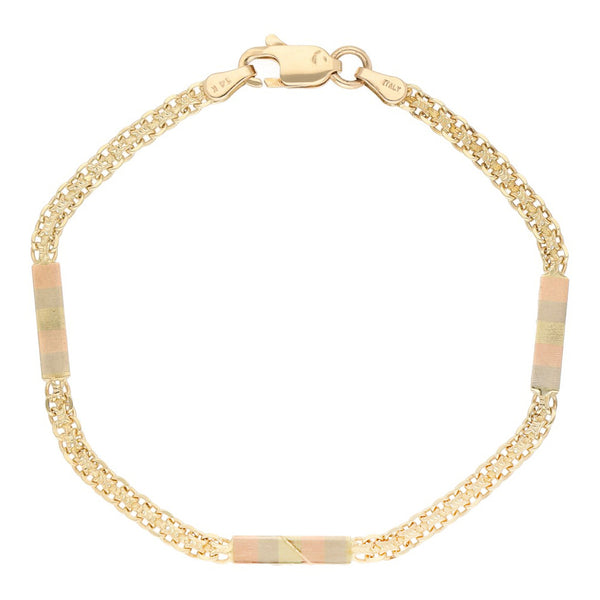 Pulsera eslabón combinado en oro tres tonos 14 kilates.