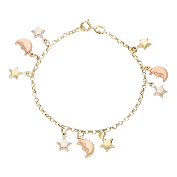 Pulsera eslabón cruzado con colgantes motivo luna y estrella en oro tres tonos 14 kilates.