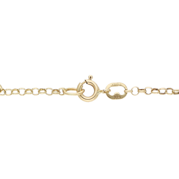 Pulsera eslabón cruzado con colgantes motivo luna y estrella en oro tres tonos 14 kilates.