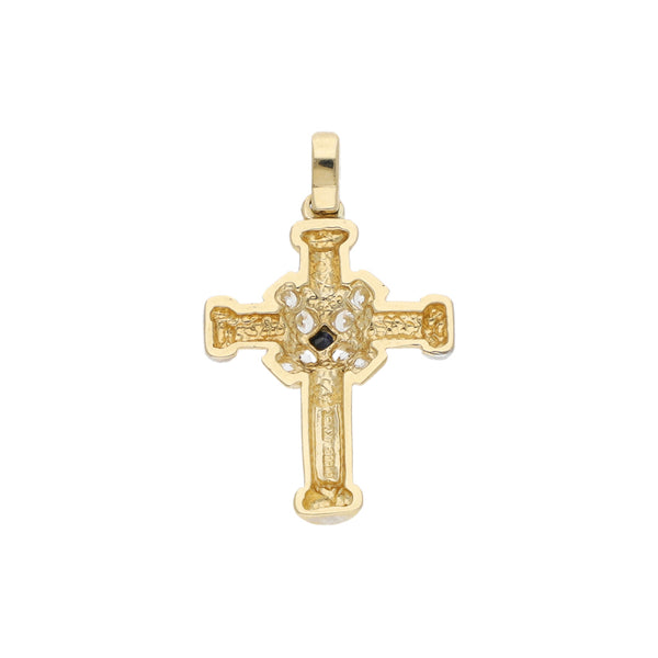 Cruz diseño especial con zafiro y circonias en oro amarillo 14 kilates.