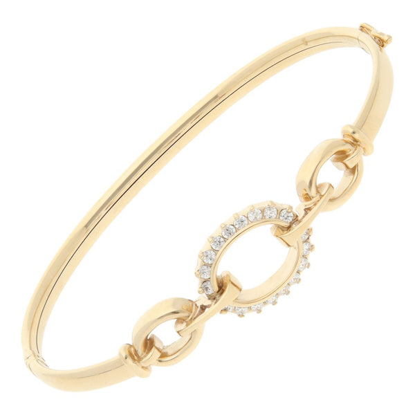 Pulsera de arillo articulada con aplicaciones y sintéticos en oro amarillo 14 kilates.