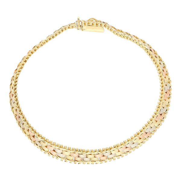 Pulsera eslabón boleado en oro tres tonos 14 kilates.