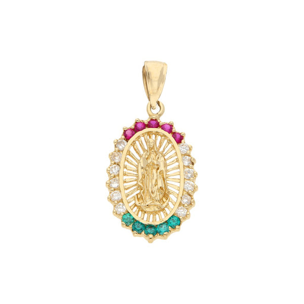 Medalla calada motivo Virgen de Guadalupe con sintéticos en oro amarillo 12 kilates.
