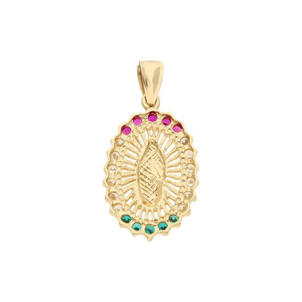 Medalla calada motivo Virgen de Guadalupe con sintéticos en oro amarillo 12 kilates.