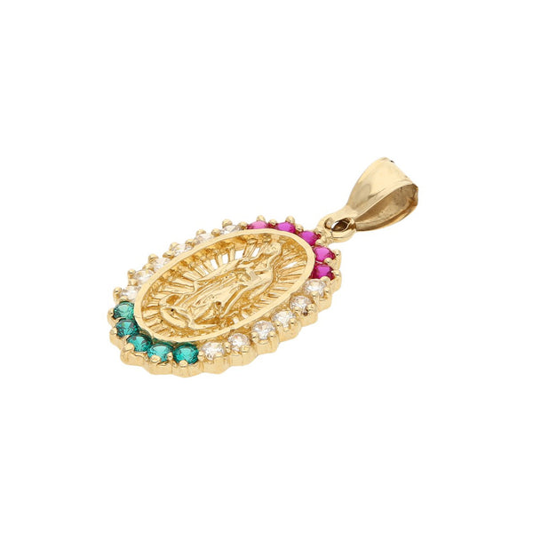 Medalla calada motivo Virgen de Guadalupe con sintéticos en oro amarillo 12 kilates.