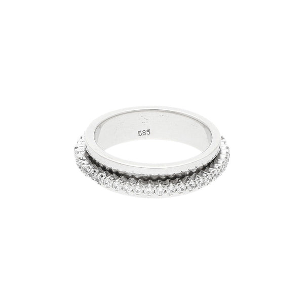 Anillo giratorio con circonias en oro blanco 14 kilates.