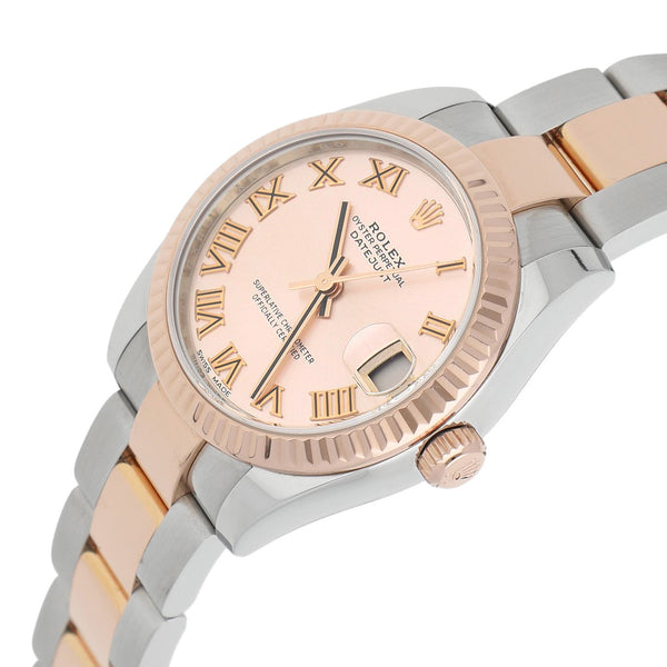 Reloj Rolex para dama modelo Oyster Perpetual DateJust vistas en oro rosa 18 kilates.