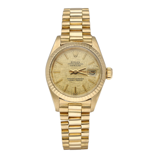 Reloj Rolex para dama modelo Oyster Perpetual DateJust en oro amarillo 18 kilates.