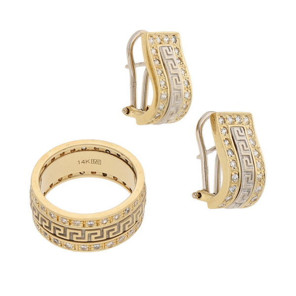 Juego de anillo y aretes diseño especial con circonias en oro dos tonos 14 kilates.