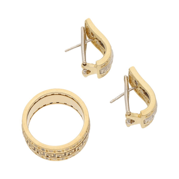 Juego de anillo y aretes diseño especial con circonias en oro dos tonos 14 kilates.