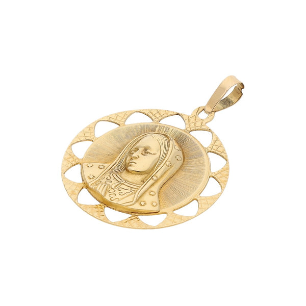 Medalla calada motivo Virgen de Guadalupe en oro amarillo 14 kilates.
