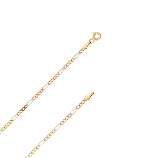 Collar de cuatro eslabones por uno y dije diseño especial con sintético en oro tres tonos 14 kilates.