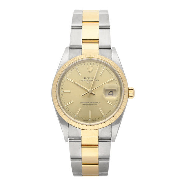 Reloj Rolex para caballero modelo Oyster perpetual Date con vistas en oro amarillo 18 kilates.