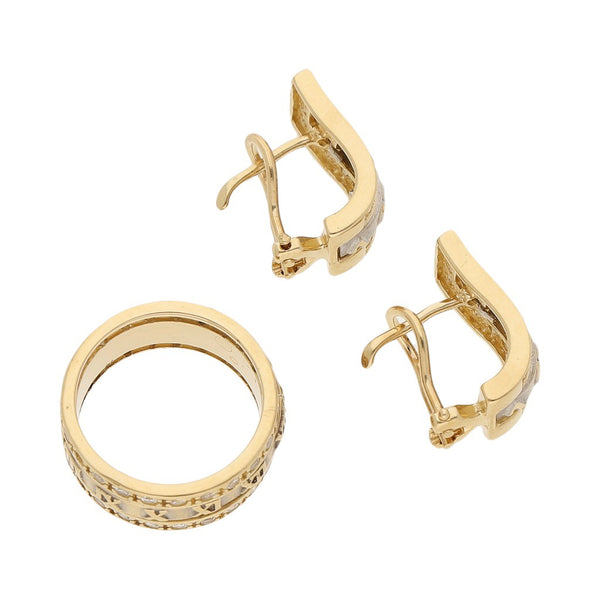Juego de anillo y aretes diseño especial con circonias en oro dos tonos 14 kilates.