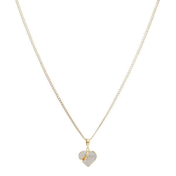 Juego de collar eslabón encontrado y dije diseño especial motivo corazón con diamantes en oro amarillo 14 kilates.