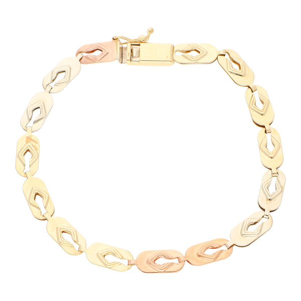 Pulsera eslabón laminado en oro tres tonos 14 kilates.