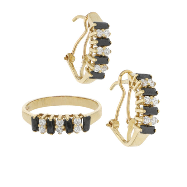Juego de Anillo y aretes diseño especial con sintéticos en oro amarillo 14 kilates.