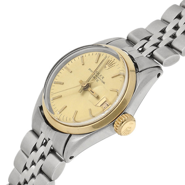 Reloj Rolex para dama modelo Oyster Perpetual Date vistas oro amarillo 14 kilates.