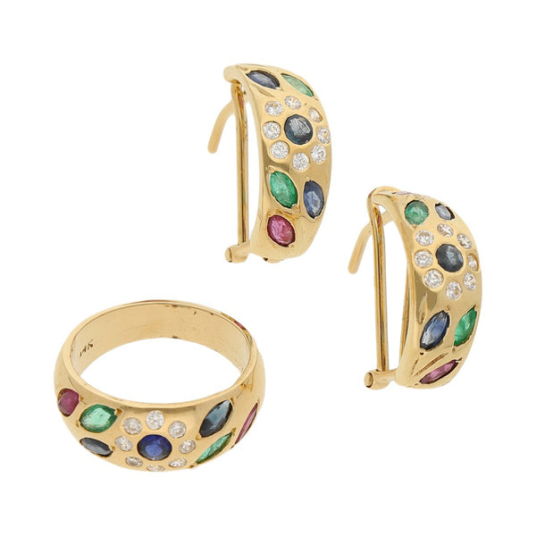 Juego anillo y aretes diseño especial con gemas y circonas en oro amarillo 14 kilates.