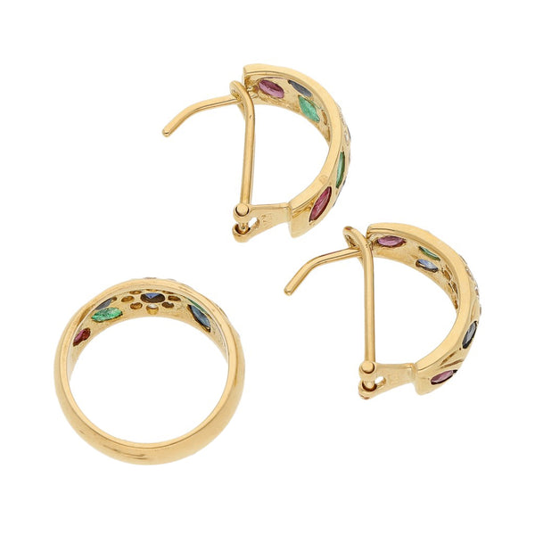 Juego anillo y aretes diseño especial con gemas y circonas en oro amarillo 14 kilates.