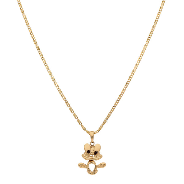 Collar eslabón nudo egipcio y dije articulado motivo rana en oro amarillo 14 kilates.