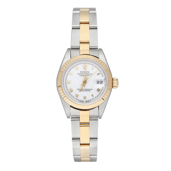 Reloj Rolex para dama modelo Oyster Perpetual DateJust vistas en oro amarillo 18 kilates.
