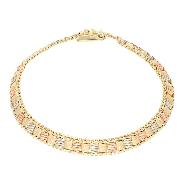 Pulsera eslabón boleado en oro tres tonos 14 kilates.