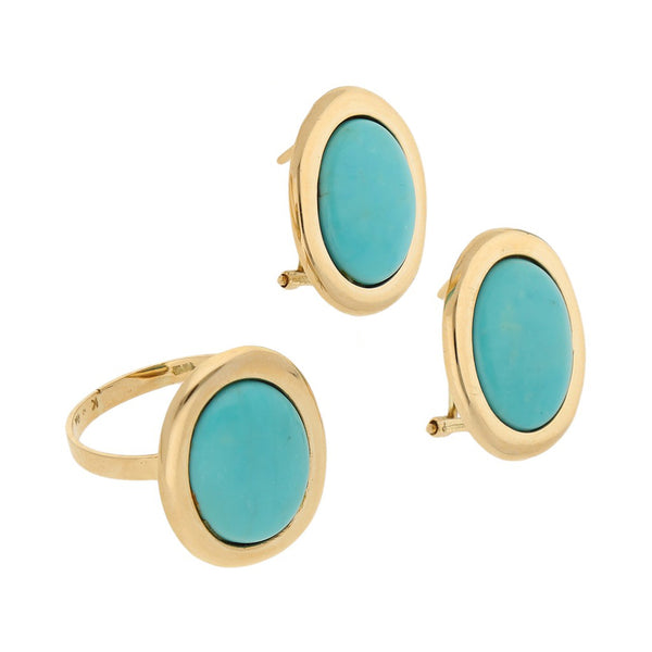 Juego de Anillo y Aretes diseño especial con turquesas en oro amarillo 14 kilates.