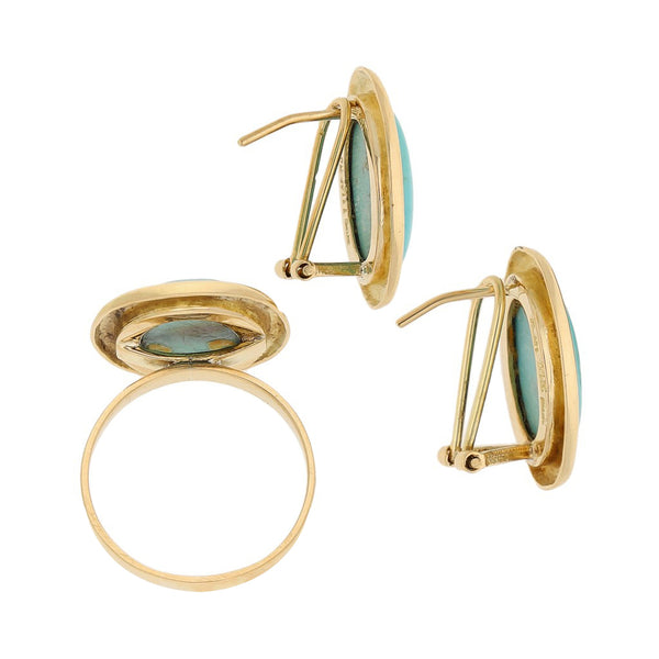 Juego de Anillo y Aretes diseño especial con turquesas en oro amarillo 14 kilates.