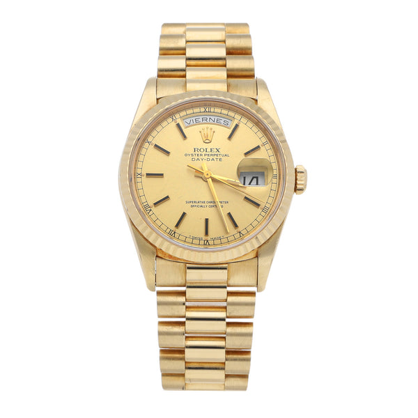 Reloj Rolex para caballero modelo Oyster Perpetual Day-Date en oro dos tonos 18 kilates.
