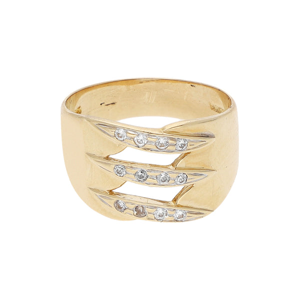 Anillo calado con circonias en oro amarillo 14 kilates.