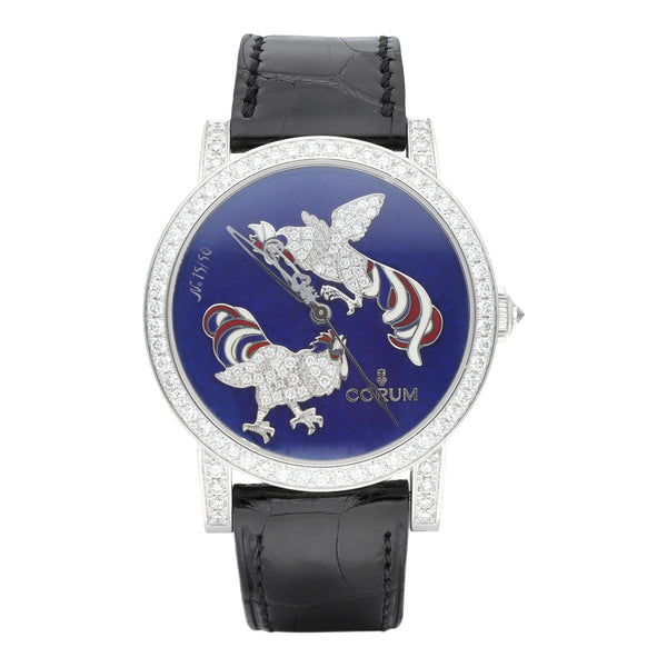 Reloj Corum para caballero/unisex modelo Classique Dancing Roosters caja y broche en oro blanco 18 kilates.