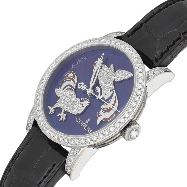 Reloj Corum para caballero/unisex modelo Classique Dancing Roosters caja y broche en oro blanco 18 kilates.