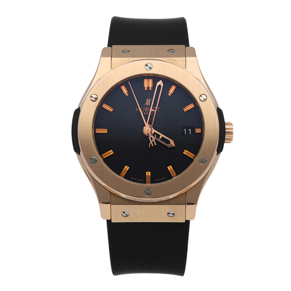 Reloj Hublot para caballero modelo Classic Fusion caja y broche en oro rosa 18 kilates.