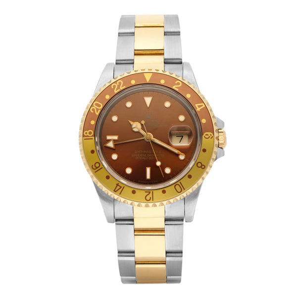 Reloj Rolex para caballero modelo Oyster Perpetual Date GMT Master II vistas en oro amarillo 18 kilates.